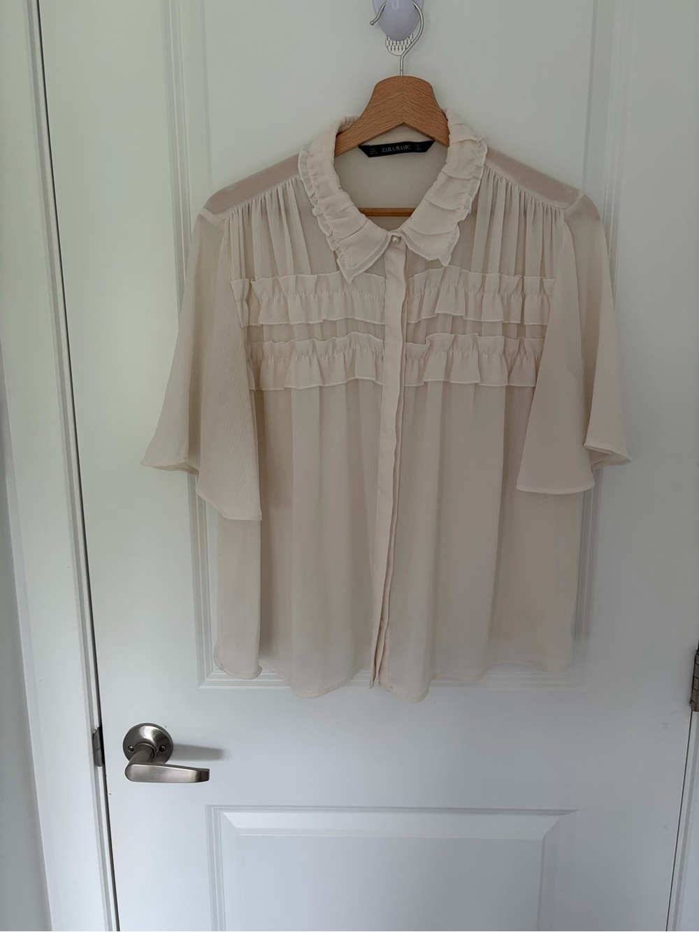 Zara Cream Ruffle Collar Sheer Button-Up Blouse